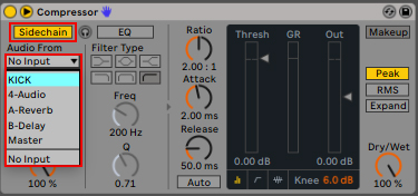 Botón para activar sidechain en compresor en Ableton Live